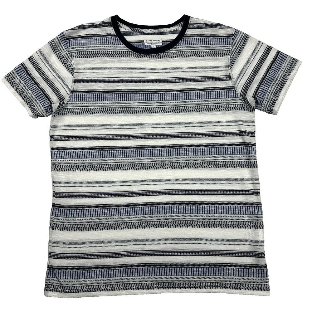 Banks Journal Mens White Gray Striped Short Sleeve T-shirt Size L Organic Cotton